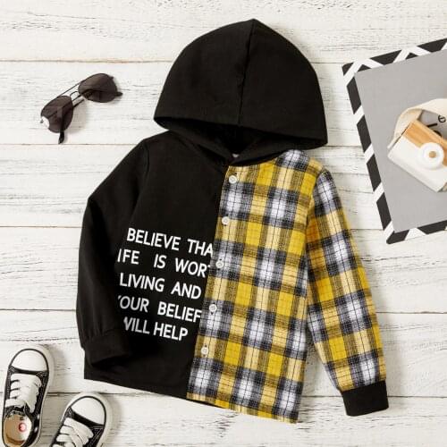 PatPat Toddler Boy Letter Print Plaid Colorblock Hoodie Sweatshirt