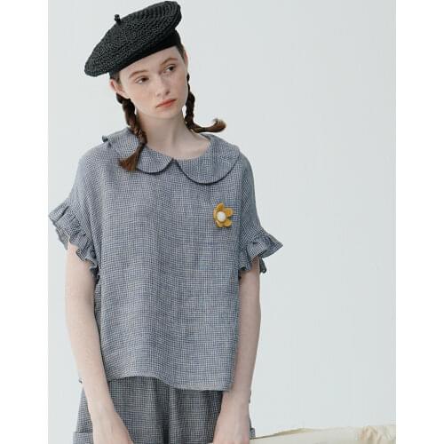 Spot imakokoni original temperament linen plaid three-dimensional flower pullover short-sleeved top female summer 213359