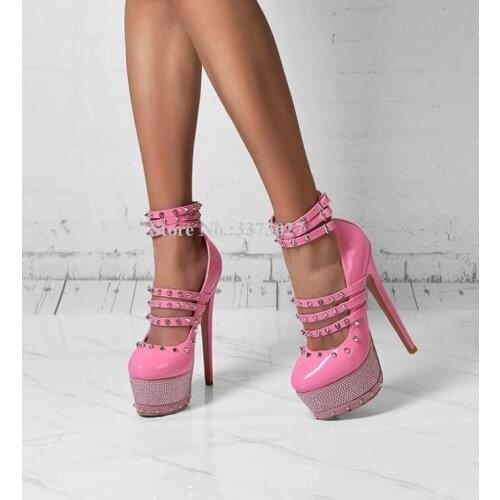New Pink Color Patent Leather Rivets Platform Shoes Women Sexy Ankle Buckle Crystal Stiletto Heel Pumps Lady Studded Dress Shoes