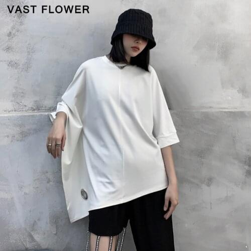 Women White Irregular Split T-Shirt New Round Neck Batwing Half Sleeve Fashion Loose Casual Tee T shirt Femme Tops Summer 2021