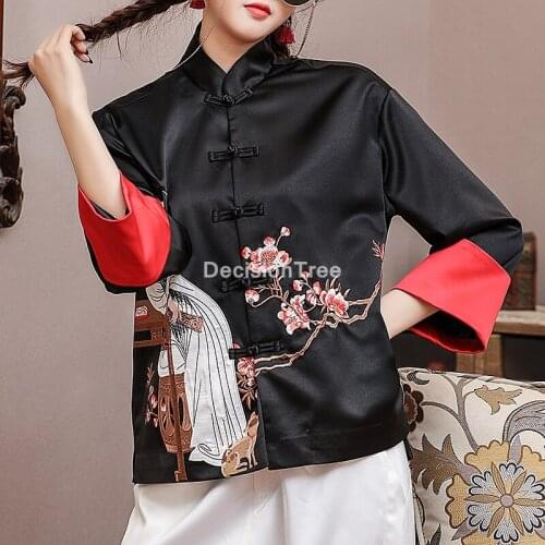 2021 womens chinese embroidered qipao shirt stand collar improved cheongsam top retro chinese traditional satin qipao blouse