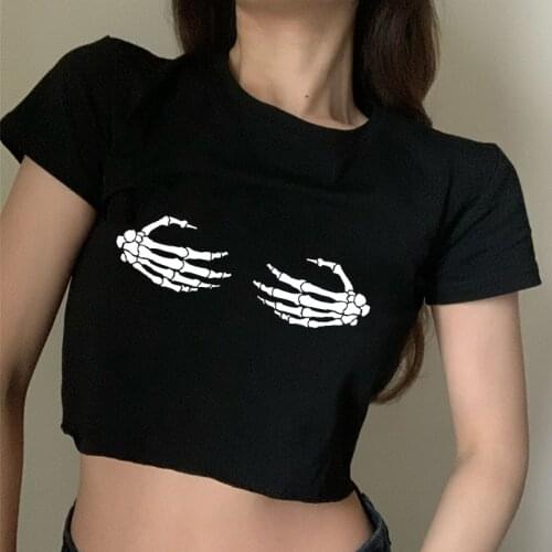 Womens Tops t skull skeleton hand punk style short tights y2k Street spider pattern dark summer fashion short-sleeved T-shirt