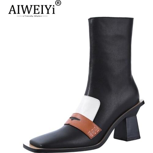 AIWEIYi Spike High Heels Woman Shoes Genuine Leather Square Toe Zip Platform Pumps Cow Leather Martin Boots Footwear