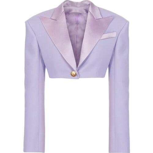 HIGH STREET Newest 2020 Designer Blazer Womens Satin Collar Single Button Crop Blazer Jacket