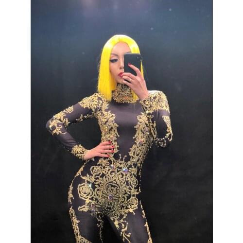 Women Yellow Printing Flowers Black Jumpsuit Sparkling Crystals Bodysuit Celebrate Stage Wear Costume Nightclub Birthday