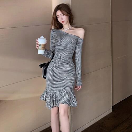 Black Plaid Bodycon Bandage Dress Women 2020 Autumn Sexy Elegant One Shoulder Strapless Celebrity Runway Party Dress