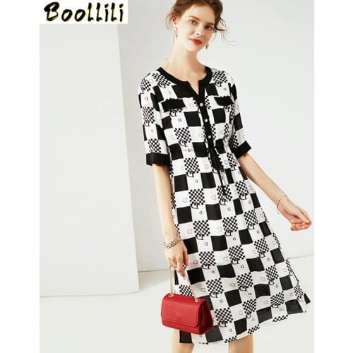 Boollili Real Silk Dress Women Summer Dress Korean Fashion Print Midi Dress Elegant Vintage Party Dress Vestidos Mujer