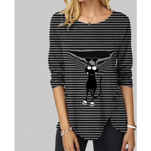 40#Irregular Casual Shirts Women Long Sleeve Button Blouse O-Neck Plus Size S-5XL Female Stripe Cat Print Clothing Top Shirts