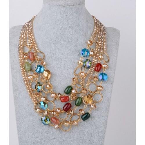 6 Strands Multi color Gems Stone Crystal Necklace 20"