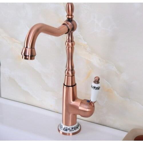 Antique Red Copper Kitchen Faucet Hot&Cold Mixer Tap Single Hole Bathroom Faucet Single Lever Ceramic Handle Lnf624