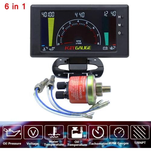 6 In 1 LCD Car Digital Gauge Oil Pressure Voltage Water Temperature Oil Temperature Tachometer Gauge RPM 8-18V for Truck