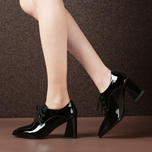 EshtonShero Women Pumps Shoes Woman Platform Patent Leather+PU Pointed Toe Square High Heel Lace Up Ladies Wedding Shoes Size3-8