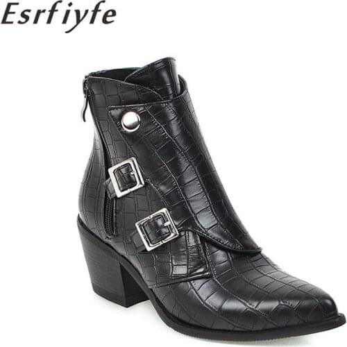 ESRFIYFE 2020 New Autumn Winter Casual Western Ankle Boots Women Pu Leather Cowgirl Booties Short Cossacks Botas High Heel Shoes