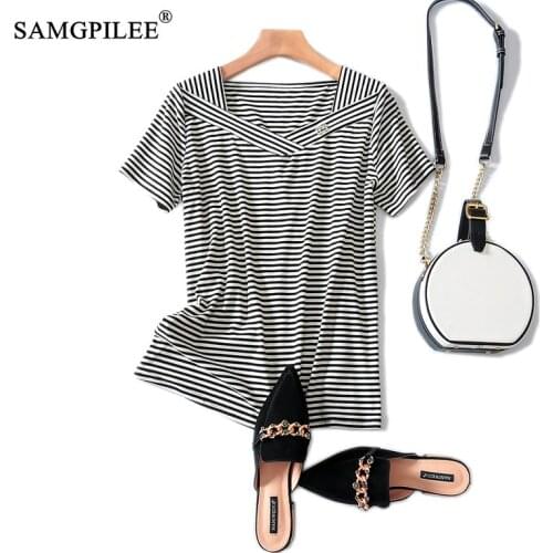 Tshirt Oversize Cotton Women T-shirt 2020 Office Lady Femme T-shirts Broadcloth Short Sleeve Striped V neck T-shirt For Women
