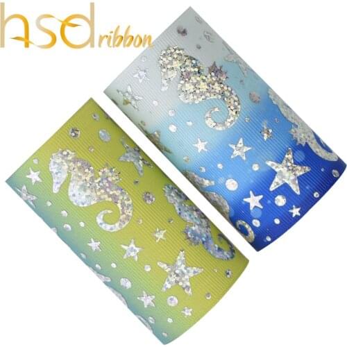 HSDRibbon 75mm 3inch hsd-design custom Seahorse Pattern Silver Foil on HT Grosgrain Ribbon