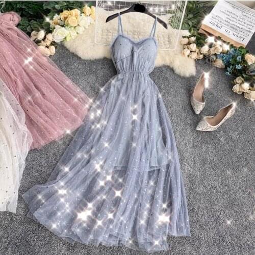 2020 new fashion womens dresses Sweet sequined strap V-neck Waist slimming gauze dress