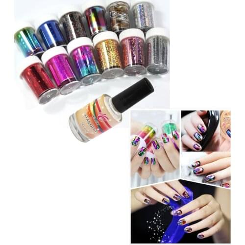 12 Colors Nail Art Transfer Foil Sticker for Nail Tips Decoration & Glue Set