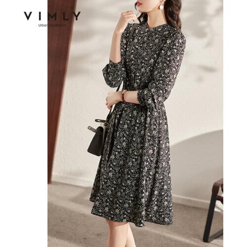 VIMLY Floral Black Dress for Women Autumn 2021 New High Waist Long Sleeve Gentle Elegant Midi Dresses Female Vestido Robe F8698