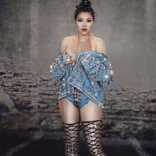 Casual blue jean jacket long Costum CRYSTAL Women Coat Dj Ds Outfit Outerwear party denim con brillantes bling denim women 2020