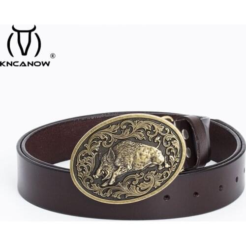 Fashion Men Jeans Cowskin Belt Wild Boar Buckle Waistband Male Novelty Pig Hebilla Metal Oval Animal Style Cowboy Ceinture Homme