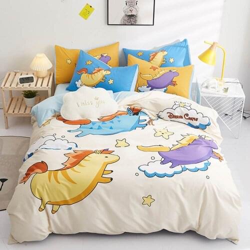 Unicorns Stars Horses Cartoon Duvet Cover Set Flat Fitted Sheet Cotton Bedlinens Hypoallergenic Twin Queen Size Bedding Set