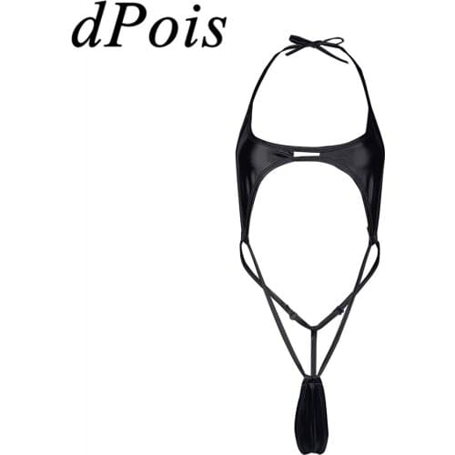 Sexy Women Lingerie Latex Swimsuit Ladies Leather Halter One-Piece Teddy High Cut Bikini Thong Bodysuit Swimwear Swimming Suit