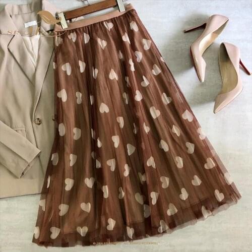 SISHION Hearts Printed Long Skirt VD1948 High Waist Black Coffee Apricot Pretty Mesh Skirt Plus Size