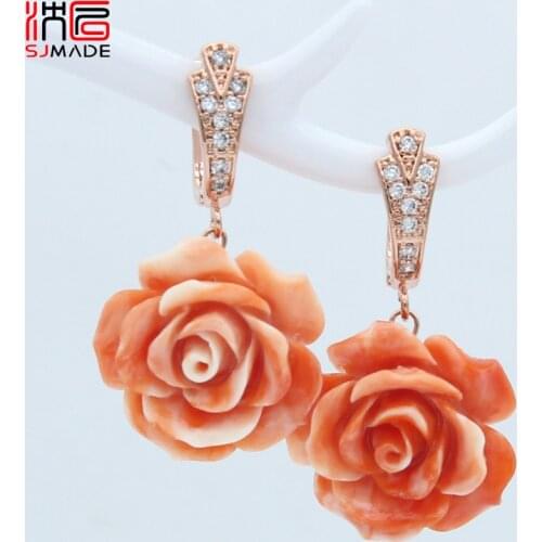 SJMADE 2019 Fashion Romantic Rose Flowers Shell Dangle Earrings 585 Rose Gold Temperament Women Girl Wedding Engagement Jewelry