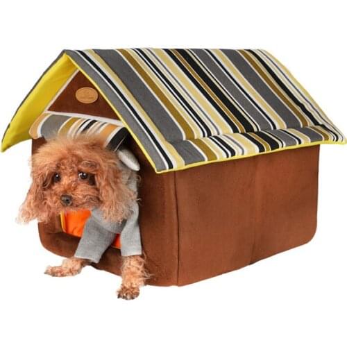 House Shape Removable Dog Houses Striped Folding Warm and Cozy Pet Kennel Portable Dog Cat House Foldable Pet Supplies 3 Size