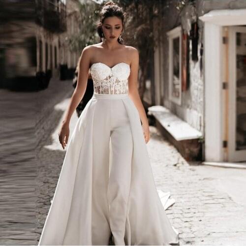 Modest White Jumpsuit Wedding Dresses with Detachable Train Sweetheart Lace Appliques Satin Pants Bridal Gowns Satin