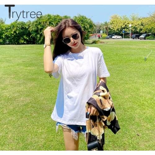 Trytree 2020 Summer Women Casual T-shirt O-neck Solid Cotton Loose T-shirt All-Purpose Style 2 Color Fashion Office Lady T-shirt