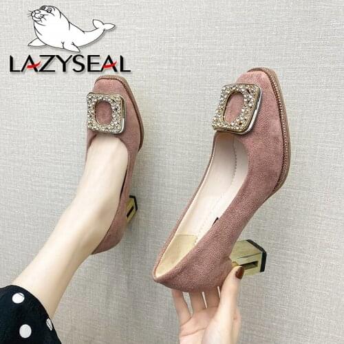 LazySeal Fashion Crystals Buckle 7cm Spring Hollow Metal Heels Square Toe Pumps Women Official Dress Wedding Princess Shoes
