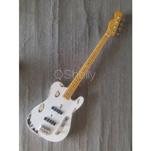 Top quality QShelly custom white TL relic vintage old used 4 strings faded Ash body jazz bridge 20 frets electric bass guitar
