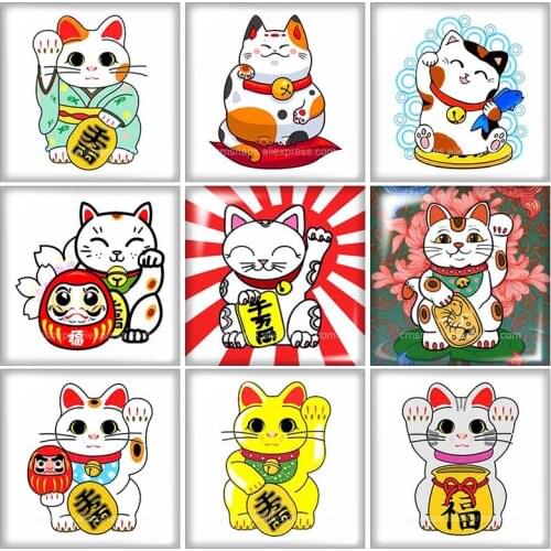 Japanese Maneki Neko Ceramic Lucky Cat 10pcs mixed 12mm/20mm/25mm/30mm Square photo glass cabochon demo flat back Making finding
