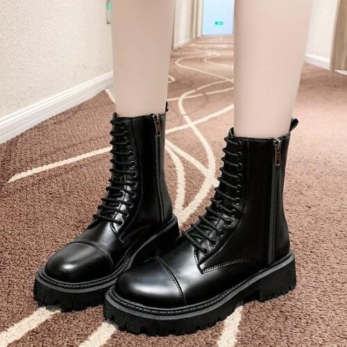 Black PU Leather Ankle Boots Women Autumn Winter Flat Heels Cross Strap Shoes Woman Round Toe Lace Up Platform