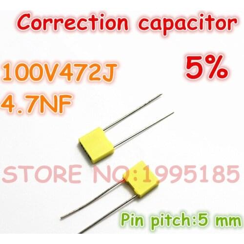 100pcs/lot correction Capacitor 472J 100V472J 4.7NF 5% Metallized polyester film capacitor Pin pitch 5 mm