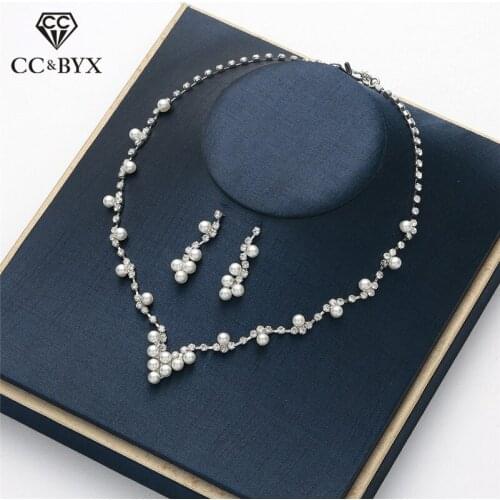 CC Jewelry Sets Stud Earring and Necklace Pearl Cubic Zircon Wedding Accessories For Bridal Party Beach Simple Design Gifts D065
