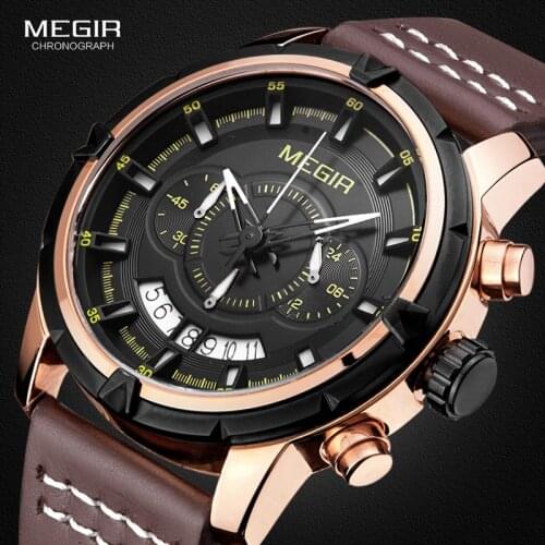 Megir Mens Brown Leather Strap Sport Chronograph Quartz Wrist Watches with Date Indicator 2047G
