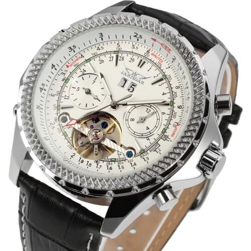 Fashion Jaragar Top Brand Classic Tourbillon Mechanical Watch Men Leather Rose Golden 2 Sub-dial Calendar Skeleton Wrist Watches