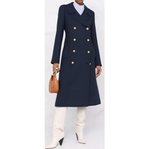 Elegant Double Breasted Overcoat 2021 New Winter Notched Lapel Slim Back Pleated Long Outerwear Women All-match Navy Wool Coats