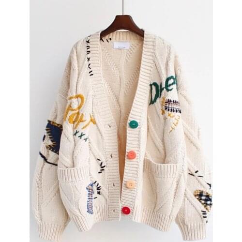 Women Warm Knitted Cardigan Embroidered Pocket Jacket Knitted Cardigans Coat Loose Sweaters Autumn Winter Splicing Harajuku Y2K