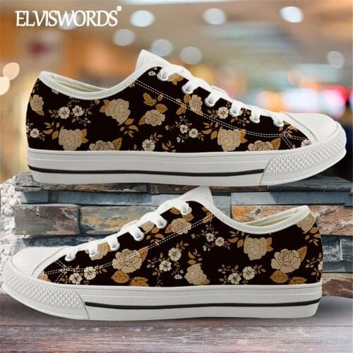 Lovely Golden Rose Pattern Women Vulcanized Shoes 2020 New Fashion Floral Print Casual Canvas Flat Shoes Teen Girls Sneaker