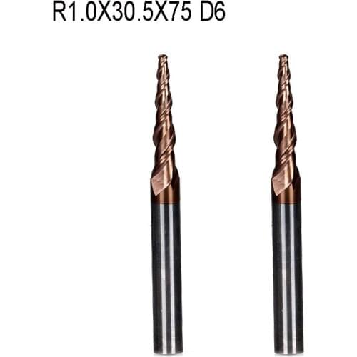 2pcs/lot HRC55 R1mm Tungsten solid carbide Coated Tapered Ball Nose End Mills taper and cone endmills R1*D6*30.5*75L*2F