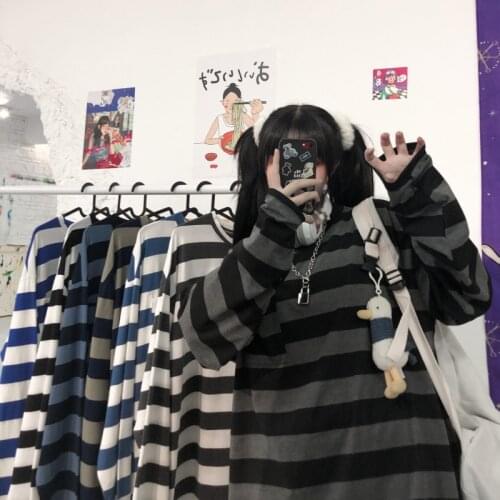 Harajuku Korean Pocket Striped High Street Long-Sleeved Tee Color Matching T-Shirt For Teenagers Gothic Clothes Female Punk y2k