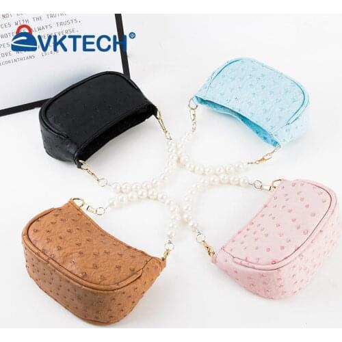 Fashion Women Ostrich Pattern Solid Color PU Leather Shoulder Crossbody Messenger Bag Casual Ladies Pearl Chain Purse Handbags