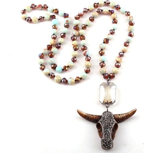 Fashion Stone / Glass Long Knotted Rectangle Crystal Link Horn Pendant Necklace Women Lariat Necklaces