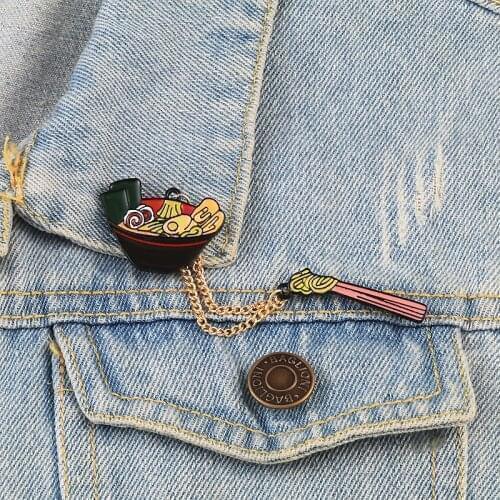 Cartoon Japanese Noodles Brooches Chopsticks Ramen Bowl Enamel Pin Jackets Shirt Bag Denim Collar Chain Pins Badges Kids Jewelry