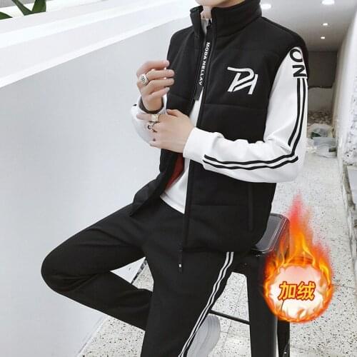 Mens winter velet thice hoodies vest pants 3 piece set sweatsuits male slim track suit men sweatpants streetwear tracksuits man