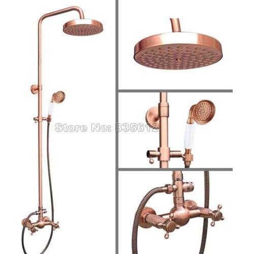 Bathroom Antique Red Copper Wall Mounted Luxury Rain Shower Faucet Set / Dual Cross Handles Mixer Tap + Handheld Shower Wrg525