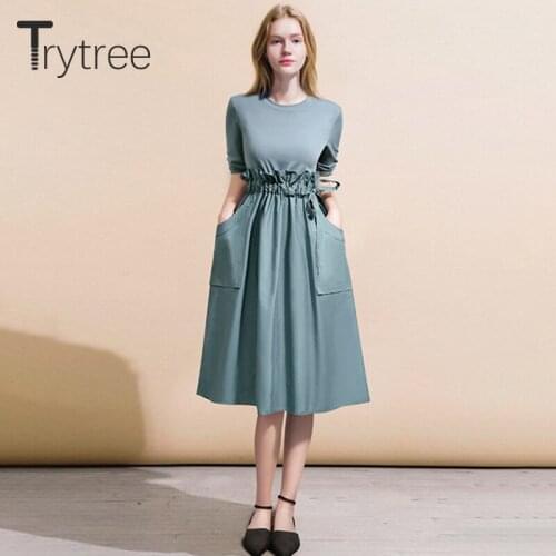 Trytree 2020 Autumn Winter Casual Women Dress O-neck Ruffles Patchwork Pockets Loose Fashion Solid Office Lady Knee-Length Dress